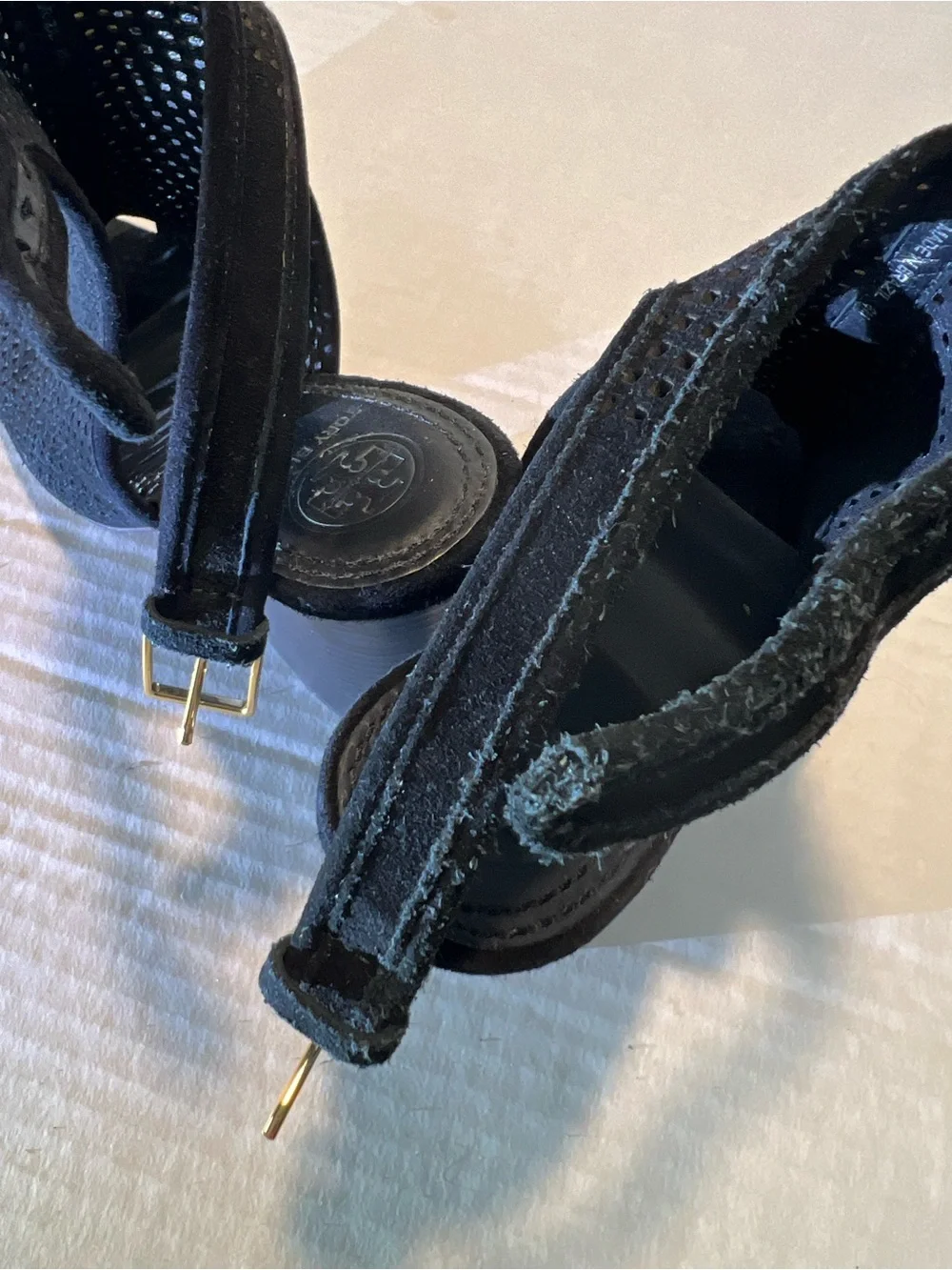 Tory Burch Black Perforated Suede Peep Toe Block Heel Sandals Size 8